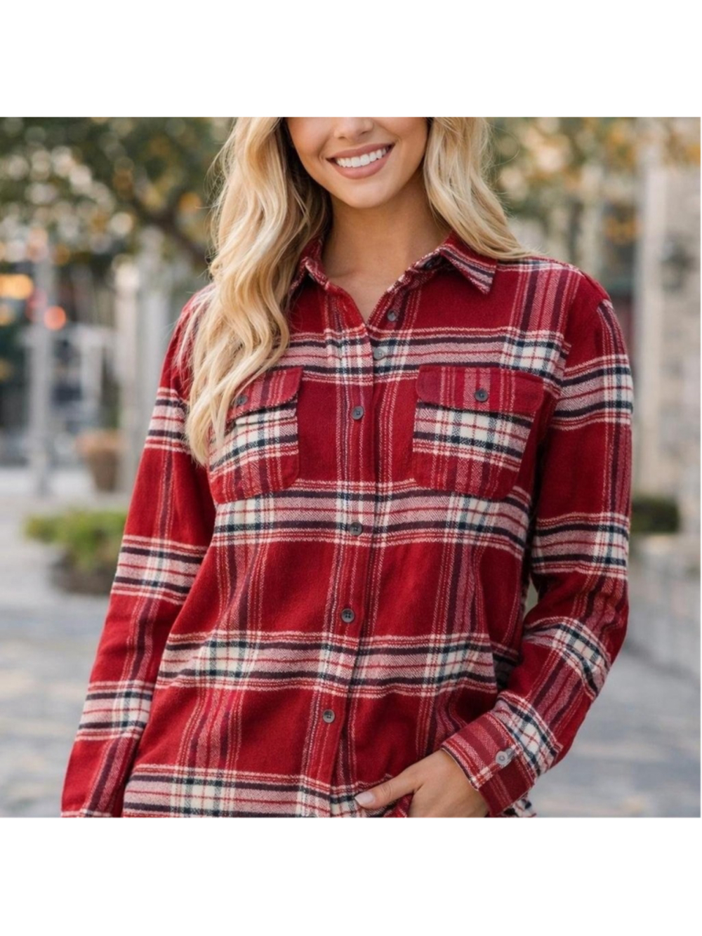 Red plaid flannel shirt with button-up front and pockets
